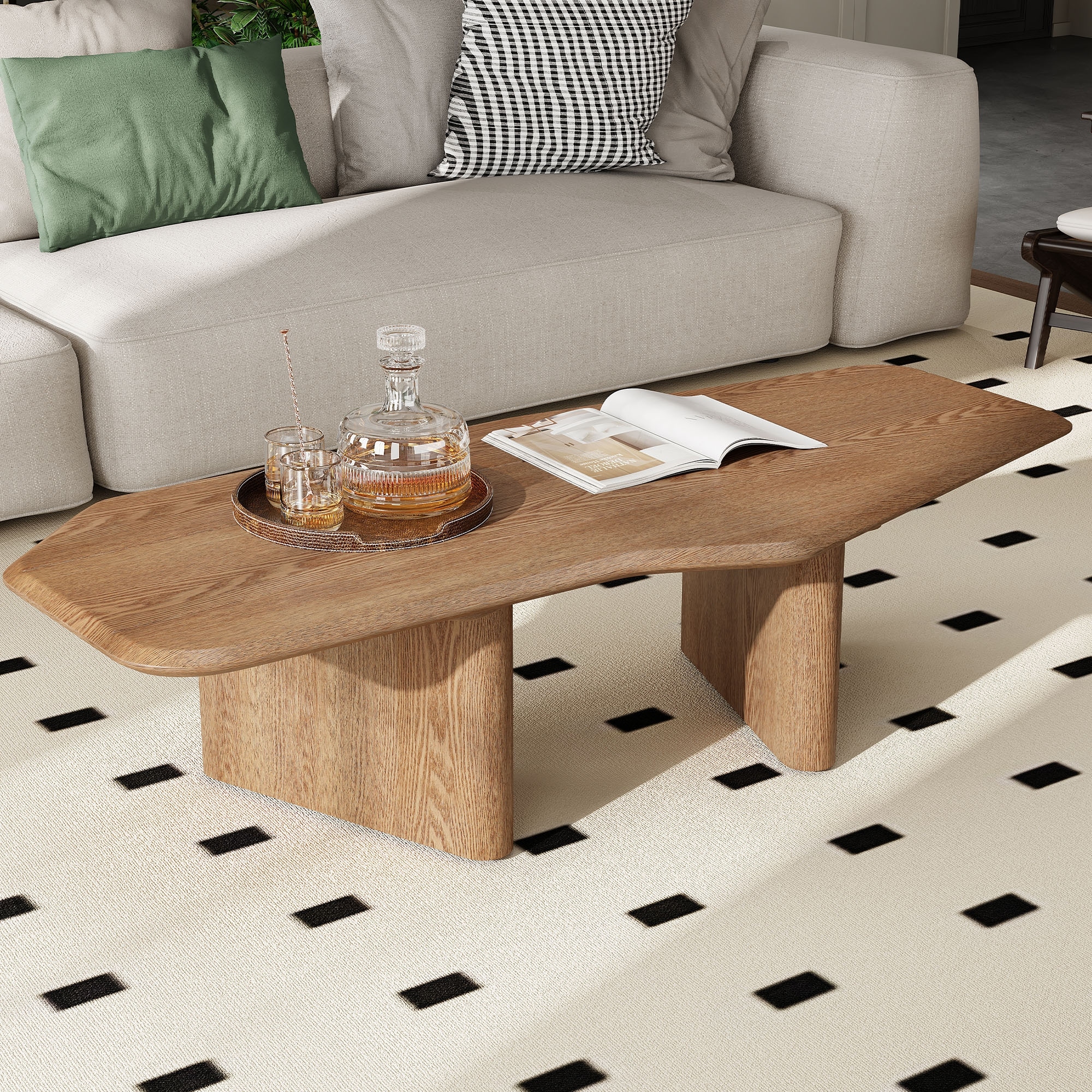 GDFStudio - Rustic 47.2" Round Coffee Table with Ash Wood Veneer & Pedestal Base for Small Living Room
