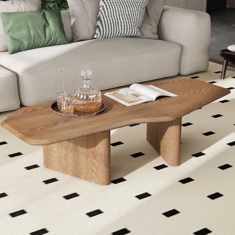 Low Height Profile Coffee Table Irregular Rectangular Center Table with Walnut Stained Ash Veneer Wood Grain for Small Space
