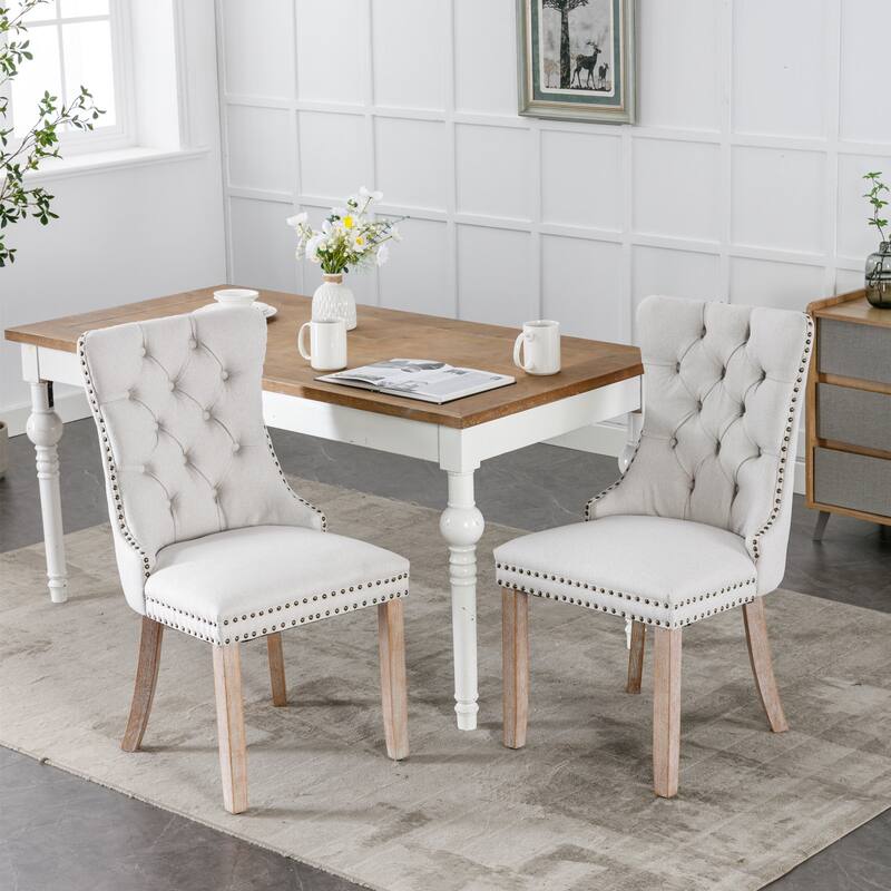Set of 2 Linen Or Velvet Upholstered Dining Chairs with Nailhead Trim and Wooden Legs - LIGHT GREY