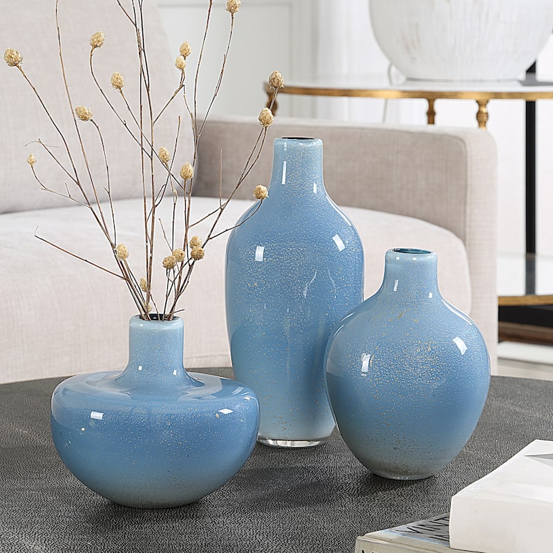 Metallic Speckled Glass Vases - 15" - Frost Blue - Set of 3