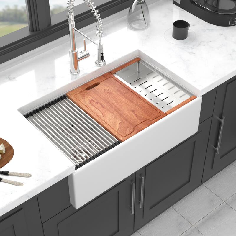 Farmhouse Sink Workstation -Ceramic Double Bowl Farm Kitchen Sink