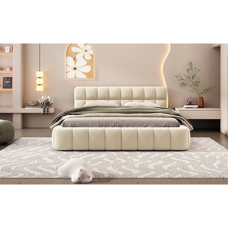 Queen Size Soid Wood Platform Bed with Thick Fabric