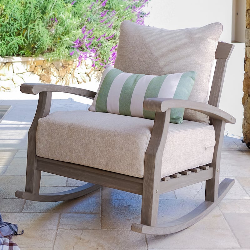 Cambridge Casual Leon Teak Outdoor Rocking Chair with Cushion - Weathered Teak/Tan Cushion