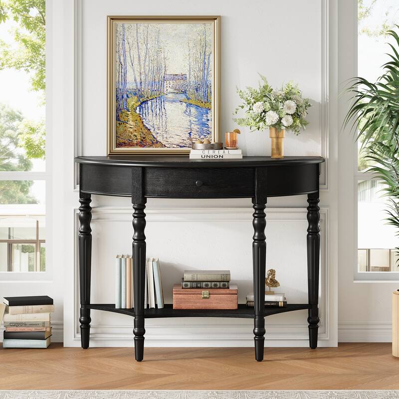 Farmhouse Half Moon Console Table with Drawer & Shelf - Rustic Accent Table