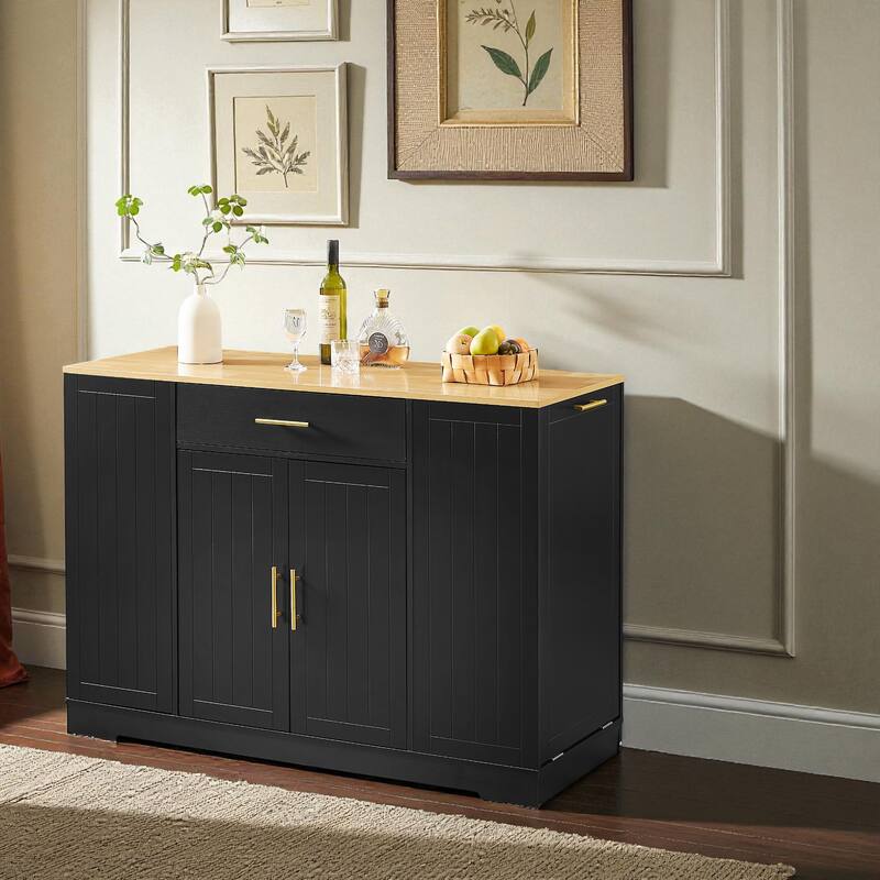 53" Modern Farmhouse Kitchen Island with Drawer, Tilt-Out Trash Can Storage, Adjustable Shelves & Spice Rack for Kitchen