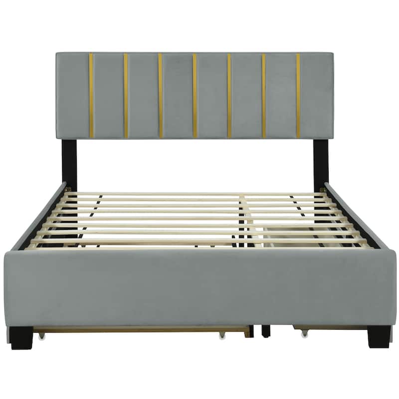 HomeRoots Gray Tufted Velvet Upholstered Queen Bed Frame With Trundle And Drawers