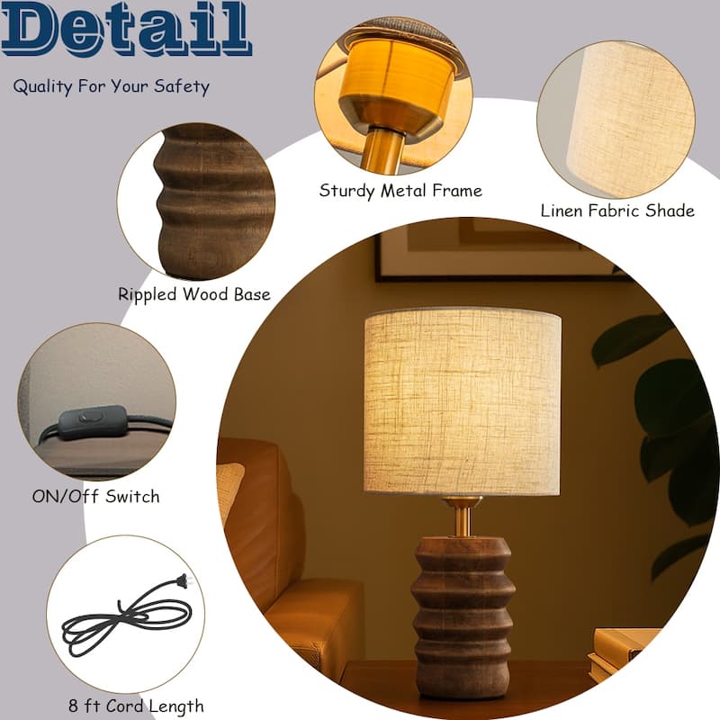 15'' Rustic Small Ribbed Wood Bedside Table Lamp Nightstand Lamp with Beige Fabric Shade for Bedroom, Desk, Living Room - W8''