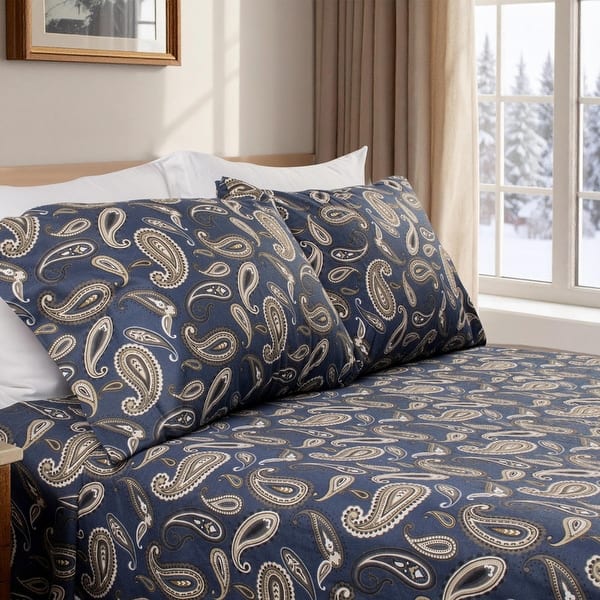 slide 2 of 5, Superior Cotton Flannel Paisley Bed Sheet Set California King - Navy Blue