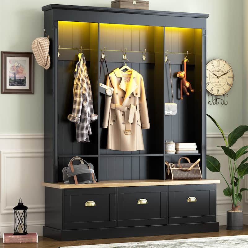 Hall Tree Hallway Storage Bench with Shoe Cubbies and Coat Rack with Hooks