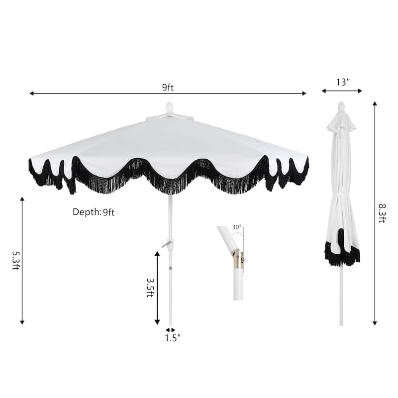 9ft Tassel Patio Umbrella Auto-Tilt, Crank , by JONATHAN Y