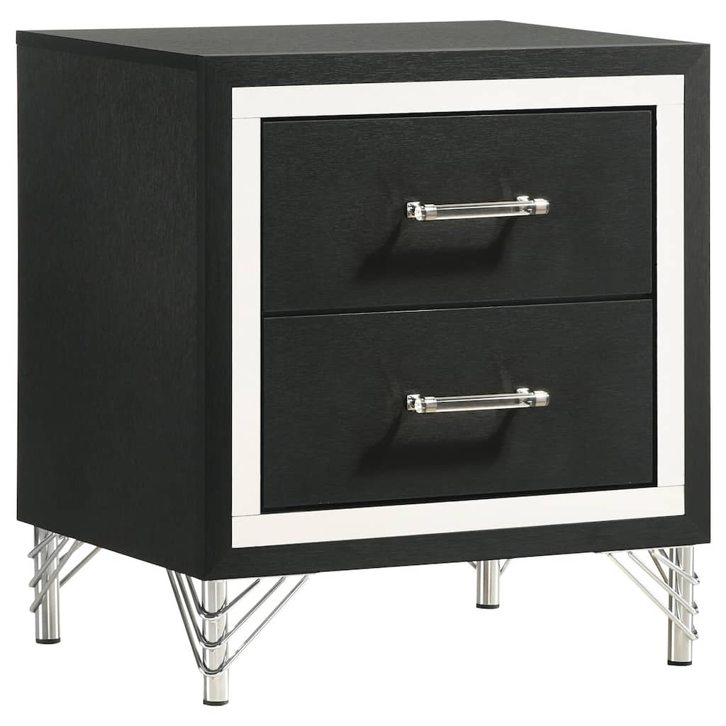 Black 2-Drawer Nightstand with Chrome Trim, Hairpin Legs, Long Bar Pulls and Bold Sophisticated Design