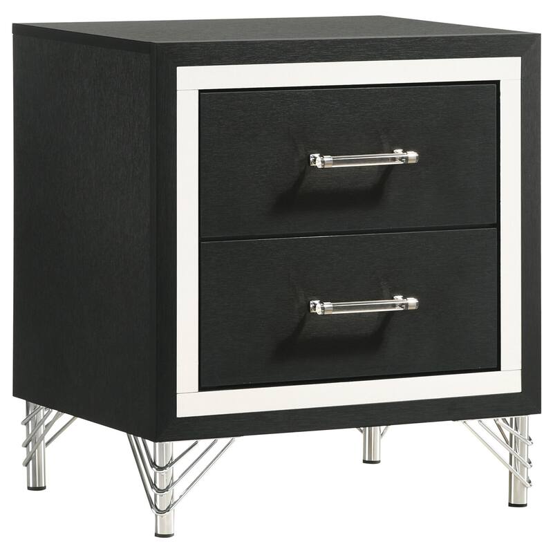 Black 2-Drawer Nightstand with Chrome Trim, Hairpin Legs, Long Bar Pulls and Bold Sophisticated Design