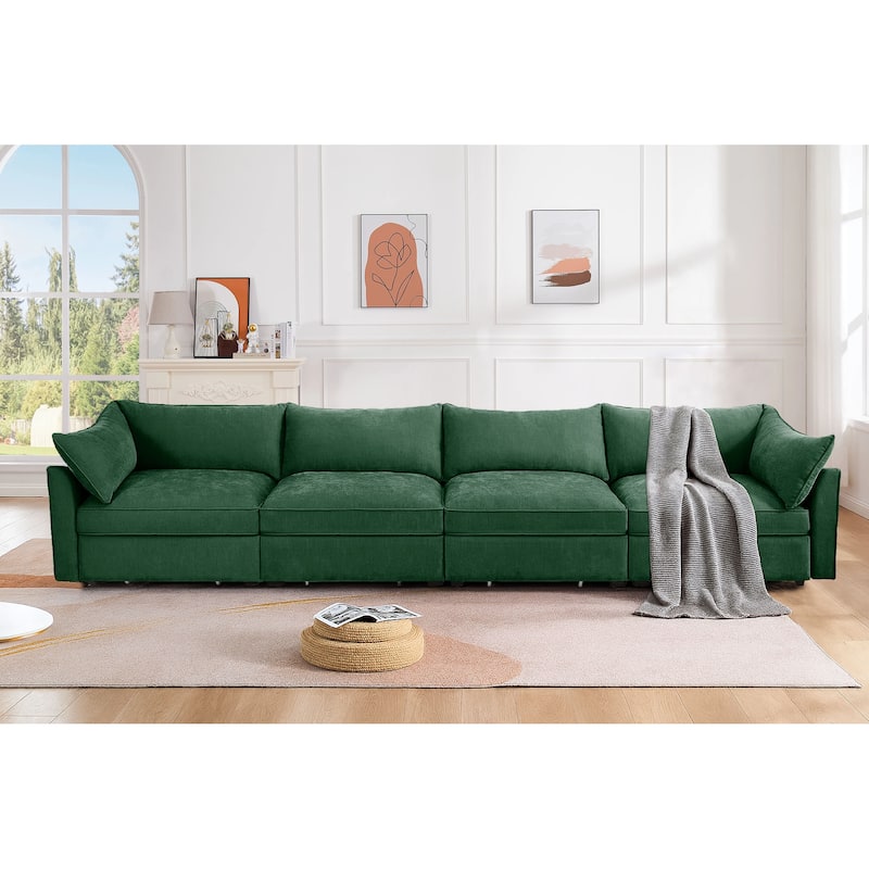 Chenille Fabric Upholstered Sofa with Under-Seat Drawers - Green - 4-Seat
