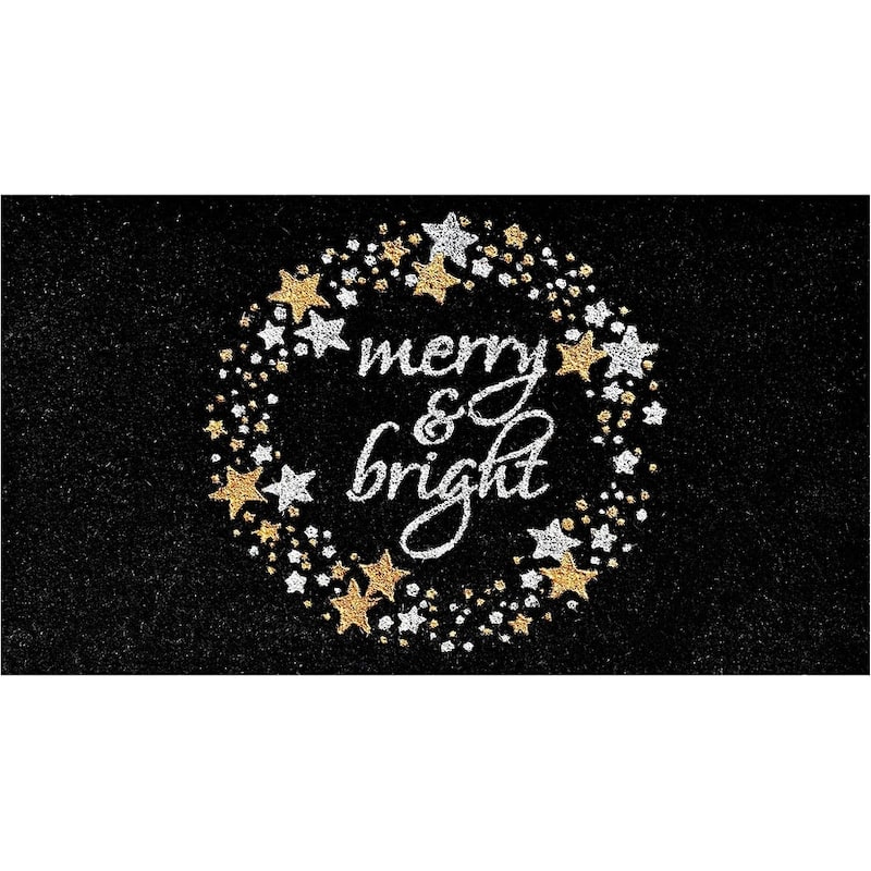HomeRoots 17" X 29" Black Gold And White Christmas Merry and Bright Outdoor Coir Door Mat - 17.00' X '29.00