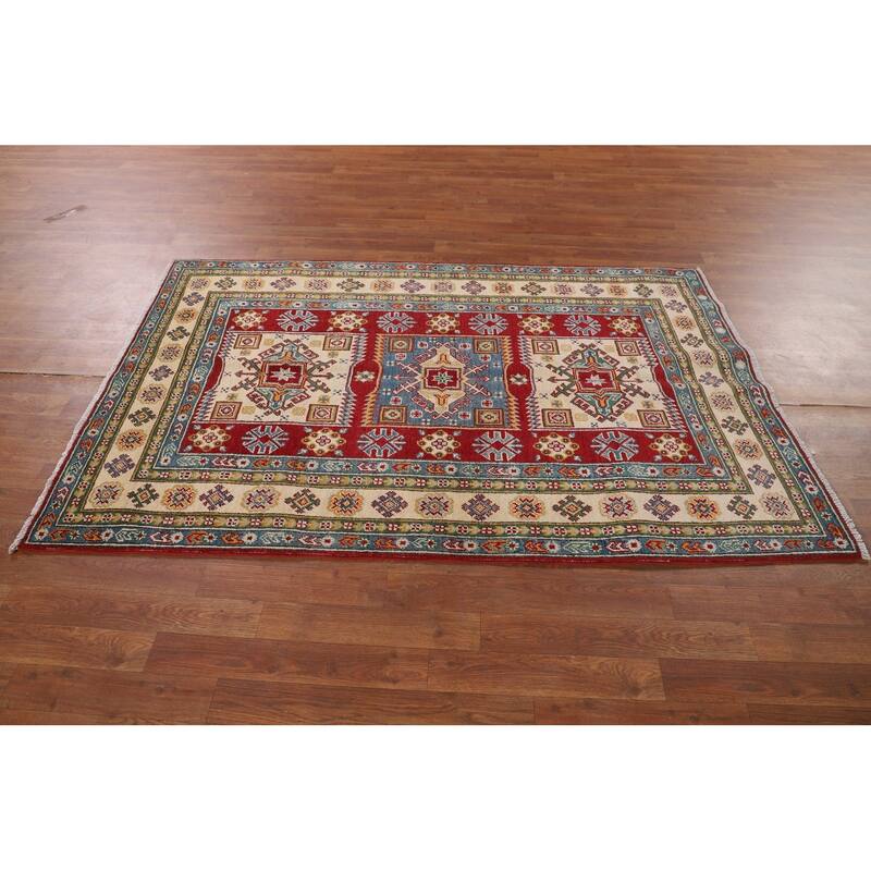 Geometric Red Kazak Area Rug Handmade Oriental Wool Carpet - 4'0" x 6'3"