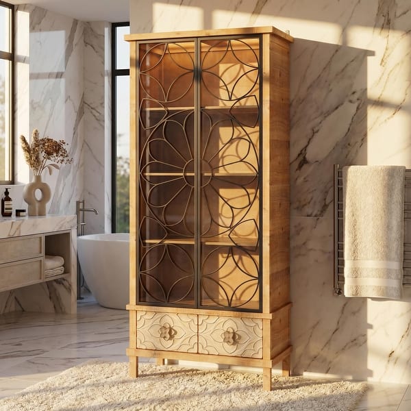 slide 2 of 13, Tall Glass Door Solid Wood Bathroom Cabinet Curio Cabinet with LED Lights, 70.8" Farmhouse Industrial Accent Display Cabinet