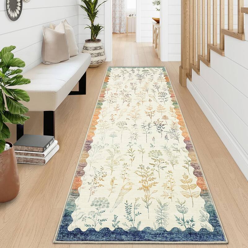 Botanical Washable Area Rug Modern Bird Pattern Rug Soft Non-Slip Low Pile Rugs for Living Room Bedroom - 2'x6' - Multi