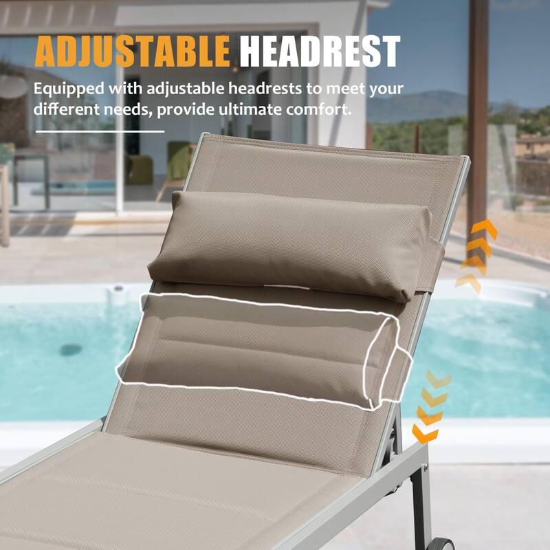 Outdoor Aluminum Patio Chaise Lounge Set of 3 with Side Table and Wheels, Padded Adjustable Recliner for Poolside, Beach