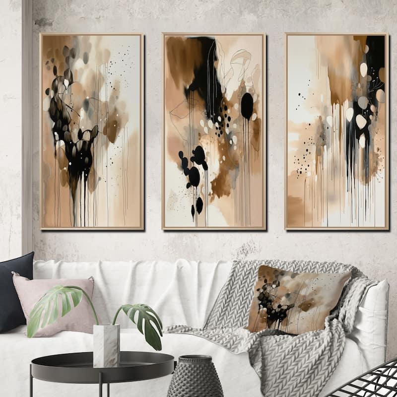 Designart "Brown Mindful Abstraction III" Abstract Framed Wall Art Set Of 3 Frame Gallery Wall Set For Home Decor - 38 in. wide x 20 in. high - 3 Panels - Maple