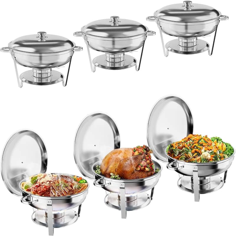 Stainless Steel Fondue and Food Warmer 5QT Round Fondue Buffet Set with Lid Stand Spoon and Tweezers (Silver 4-Pack) - 5L 6-piece set