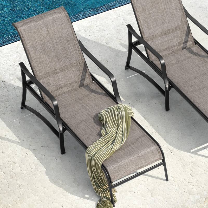 Outdoor Textilene Metal Lounge Chairs Set of 2, 5-Level Adjustable Backrest