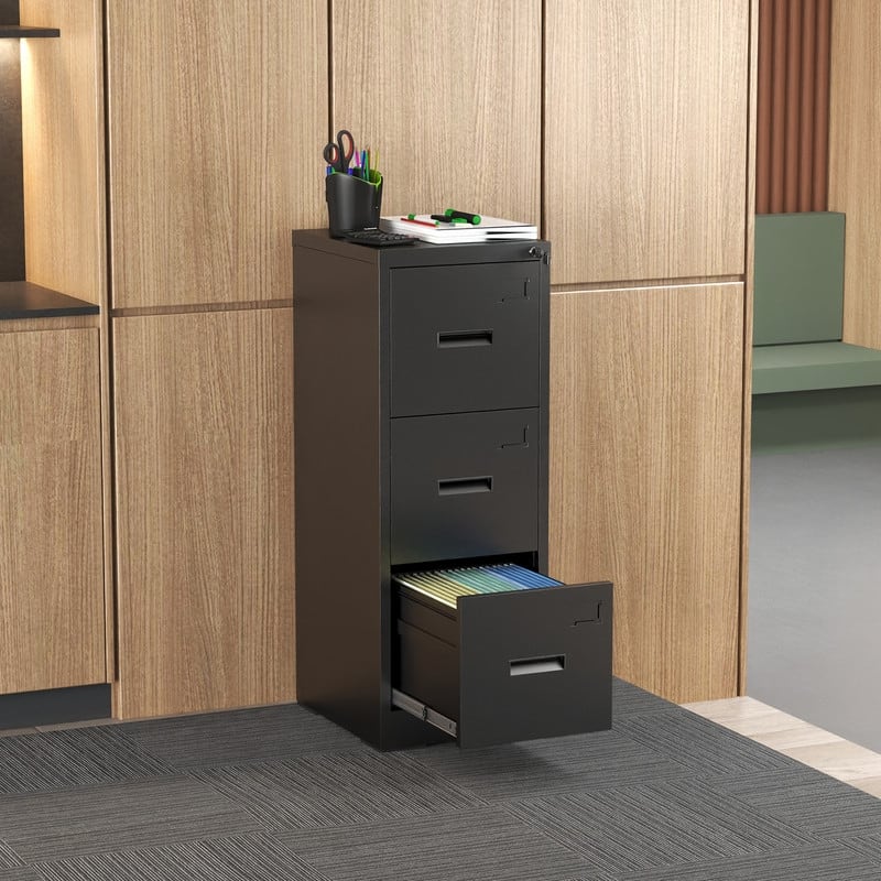 Metal Vertical File Cabinet with 3 Drawer, Lock and Card Slot