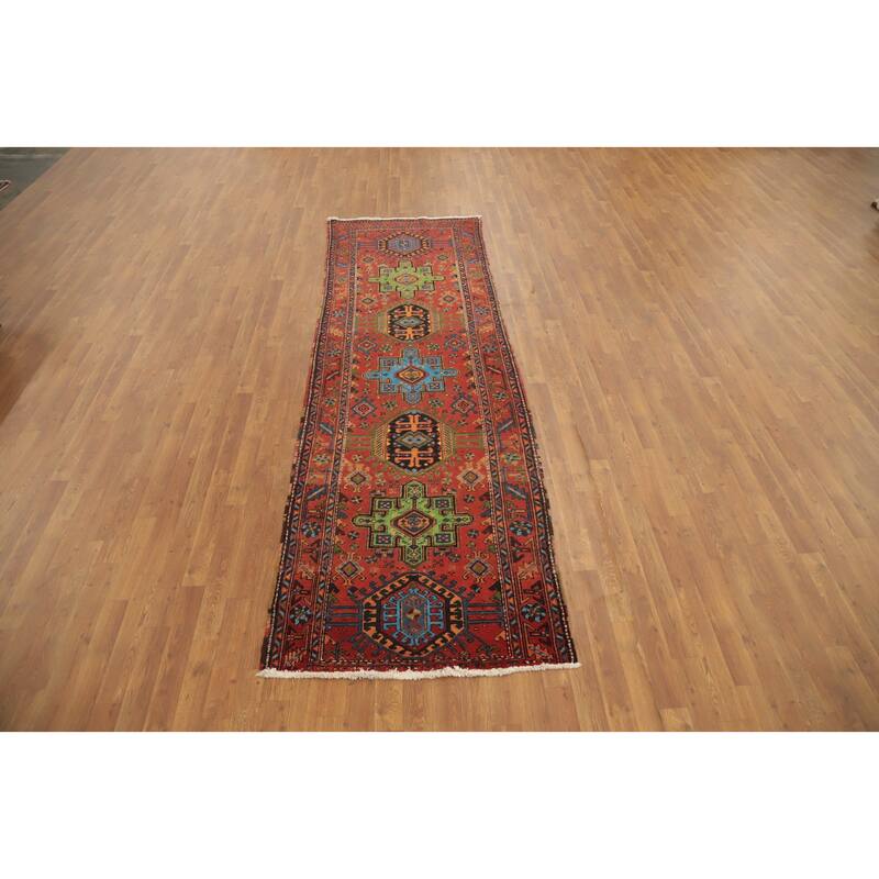 Hand Knotted Oriental 100% Wool Carpet Traditional Geometric Oranges & Rust Heriz Runner Rug - 10' 1'' X 3' 2''