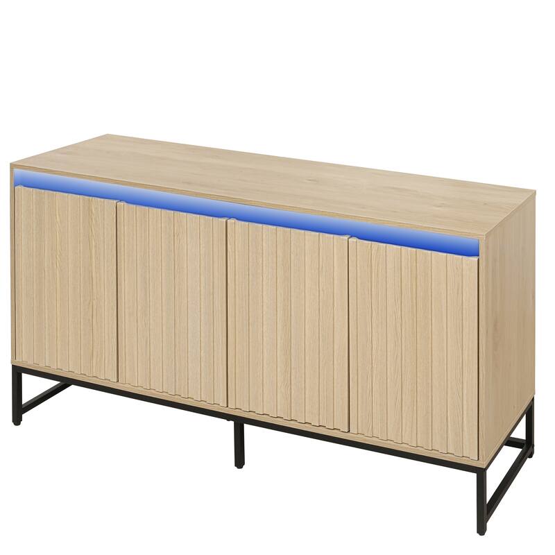 LED Sideboard Buffet Cabinet Storage Cabinet w/ Adjustable Shelf, Carved Cupboard Console Table for Living Room Hallway, Natural