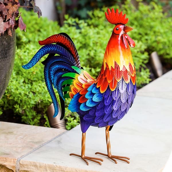 slide 2 of 5, Colorful Rooster Metal Garden Statuary
