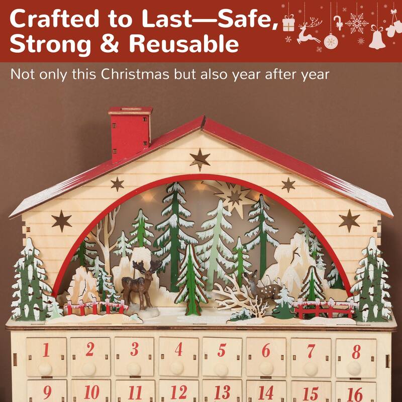 HOMCOM Christmas Advent Calendar with 24 Drawers, Reusable Lighted Wooden Countdown to Christmas Calendar with Village Scene