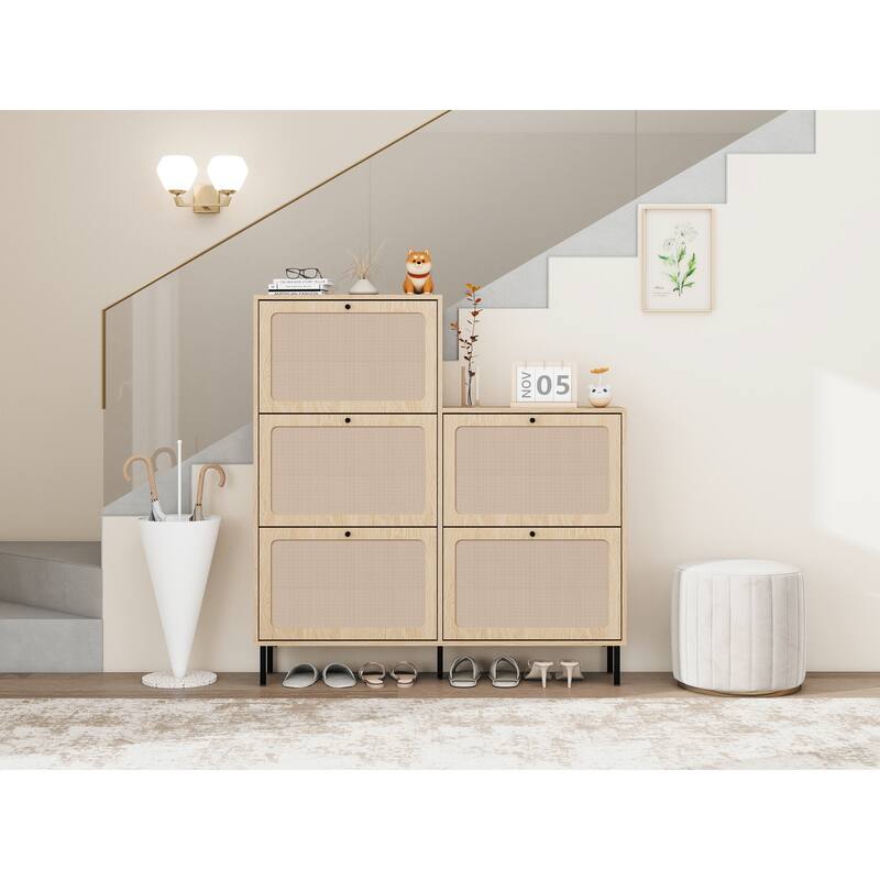 Rattan 5 Door Shoe Rack, Freestanding Modern Shoe Storage Cabinet, for Entryway - No Drawers - Natural