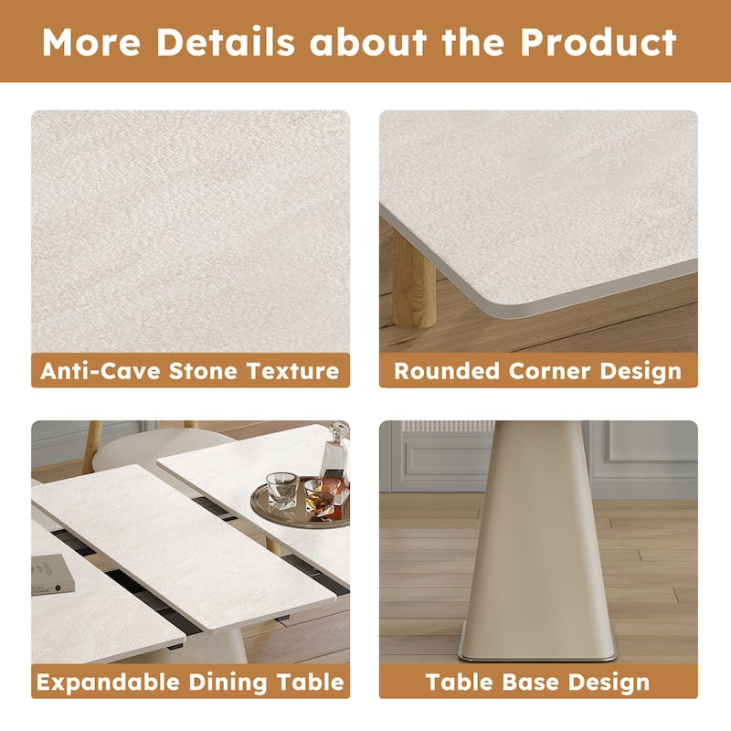 Retractable Rock Slab Dining Table Set, Modern 5-Piece Expandable Table with 4 Wooden Leg Chairs & Leather-Wrapped Base