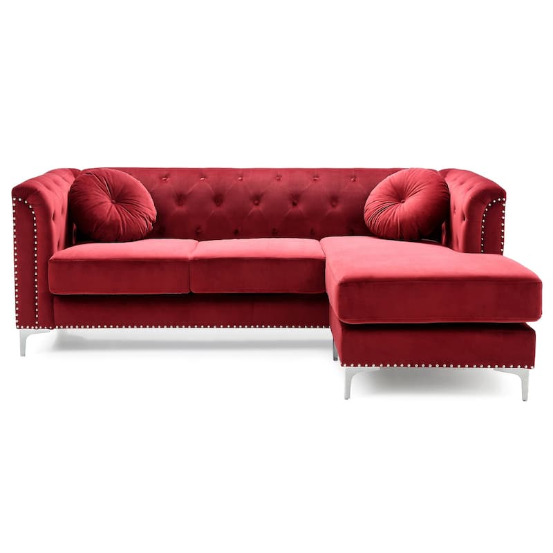 Nailhead Trim Tufted Velvet Sectional Sofa with Throw Pillows - 83" - Burgundy