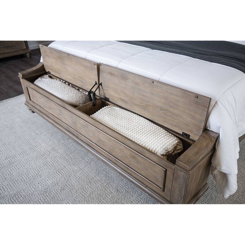 Transitional Oak Finish 4Pc Bedroom Set Upholstered Bed w Built-in Storage Bench