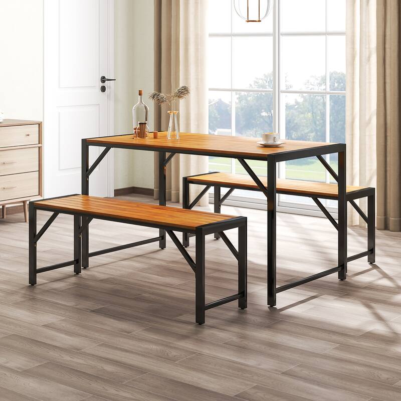 Gymax 3 PCS Patio Dining Set for 6 People 53'' Acacia Wood Picnic