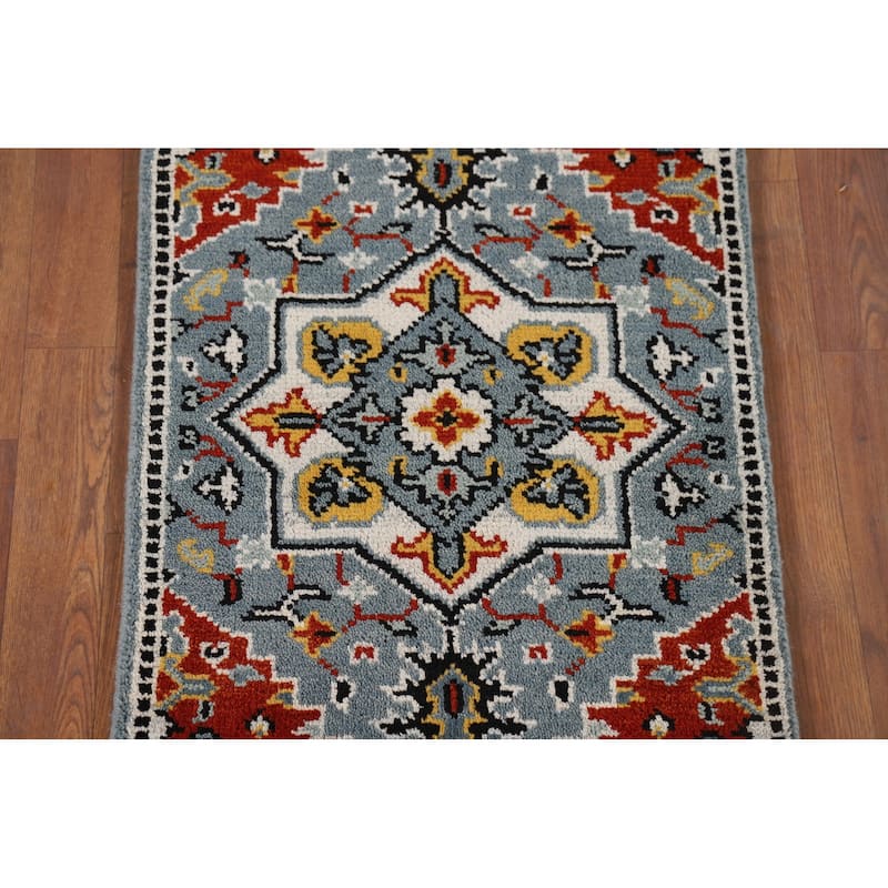 Blue Geometric Kazak Oriental Accent Rug Hand-Knotted Wool Carpet - 2'0" x 3'0"