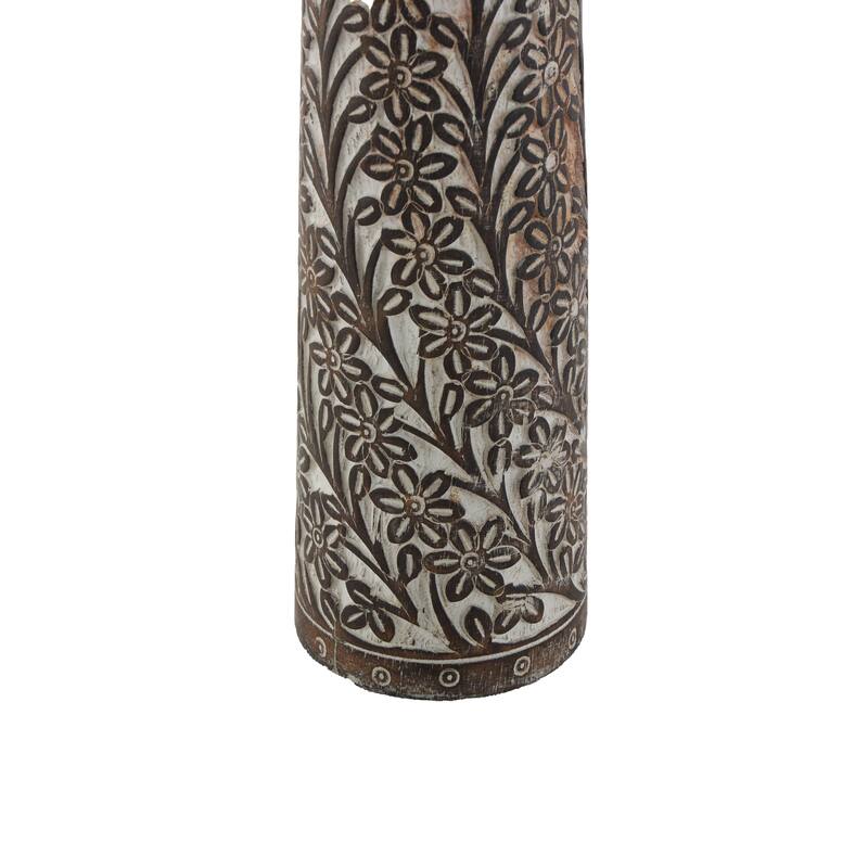 Mango Wood Floral Handmade Carved Pillar Candle Holder with Cream Accents - Set of 3 Brown - Roche River Decor