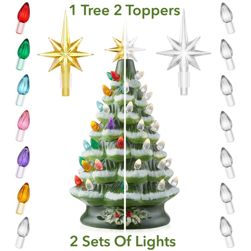 12in Hand Painted Ceramic Christmas Tree PreLit Tree with Star