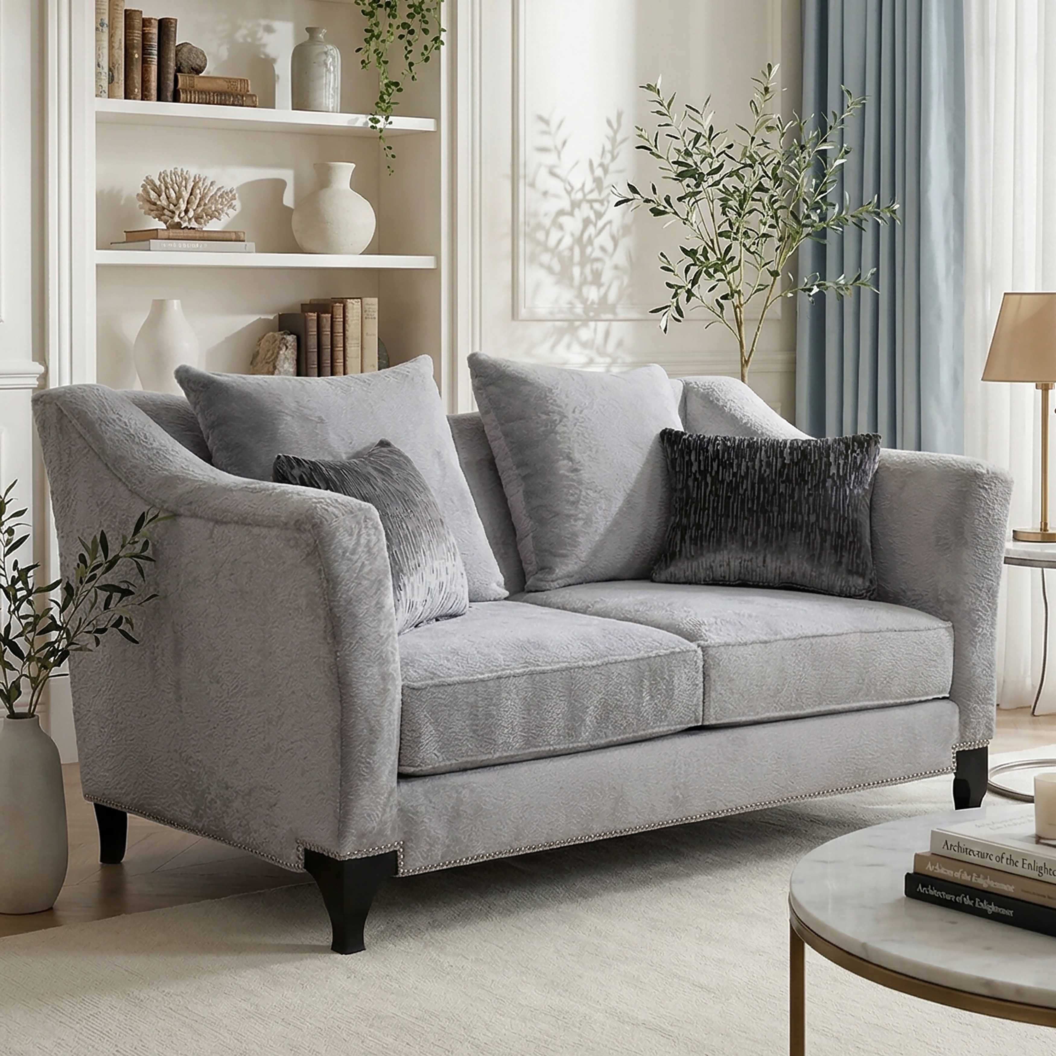 Furniture of America Torren Modern Light Grey Solid Wood Nailhead Trim Loveseat with Accent Pillows