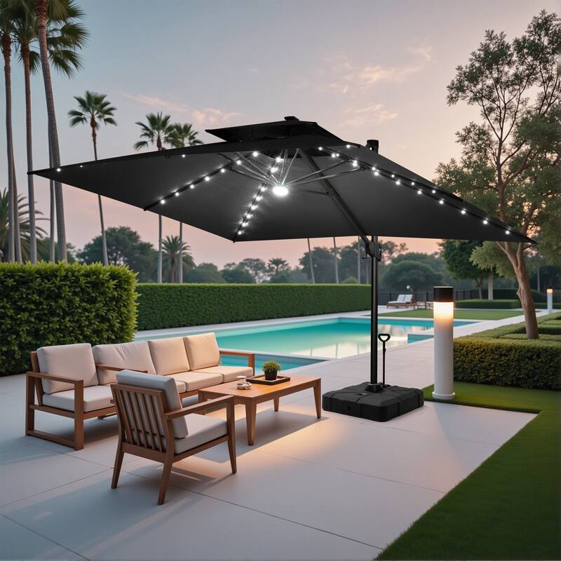 10 FT x 13 FT Outdoor LED Lighted Patio Cantilever Umbrella with Base Stand - Black