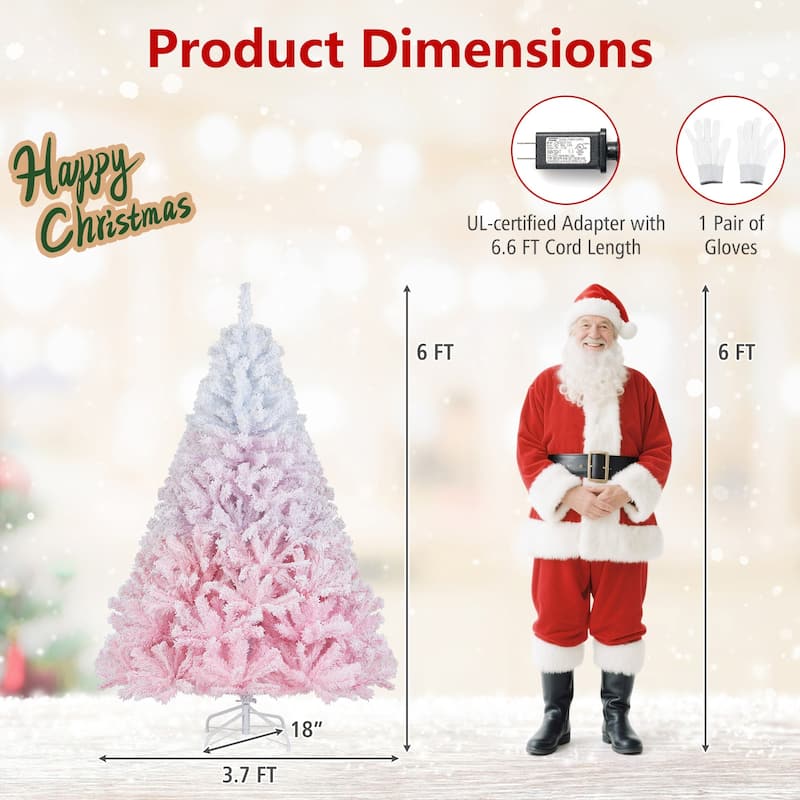 5/6/7/8 FT Pre-Lit Snow Flocked Christmas Tree Artificial Pink Tree - Pink+White - 6 Foot