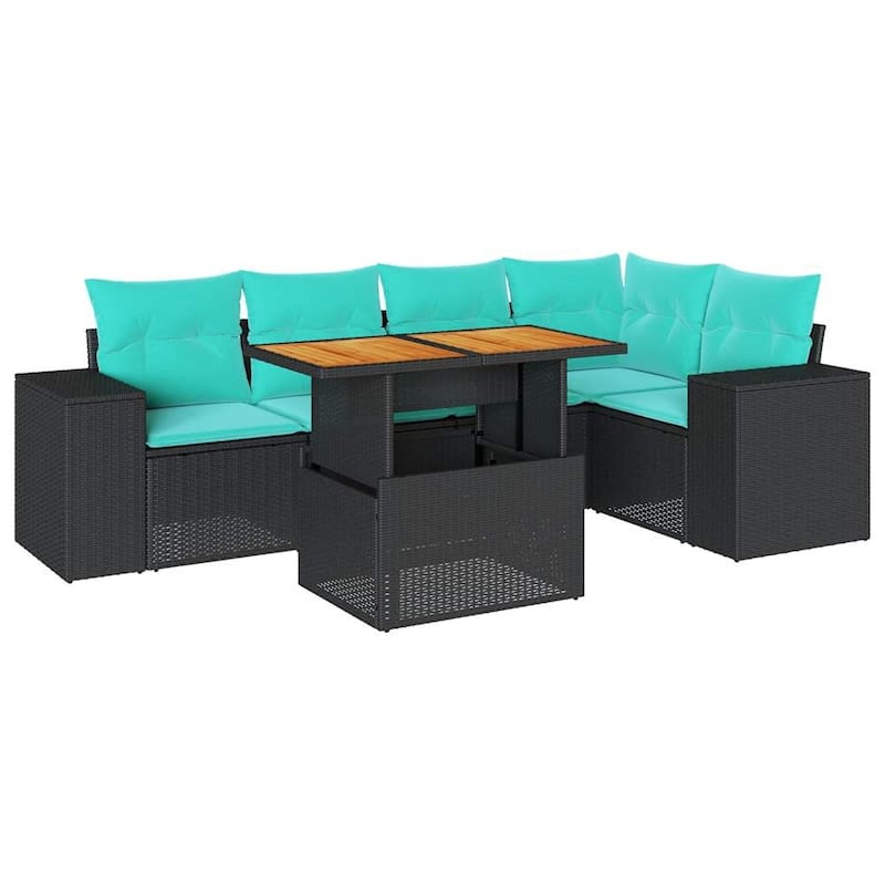 vidaXL 6 Piece Patio Sofa Set with Cushions Black Poly Rattan - 21.7 x 24.4 x 27.2