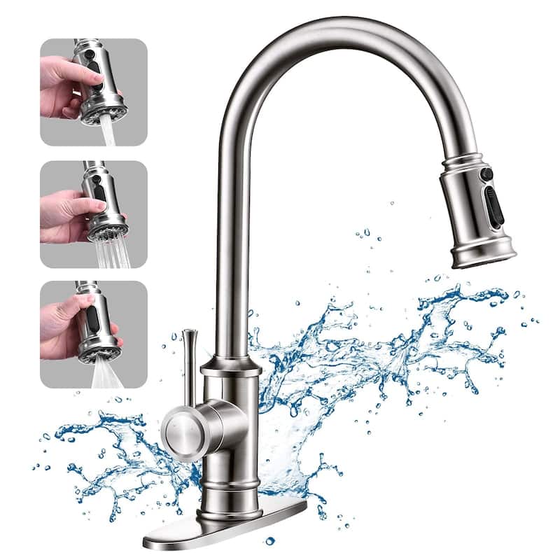 Single Handle Modern Kitchen Sink Faucet with Pull Down Sprayer Stainless Steel Kitchen Faucet with Deck Plate