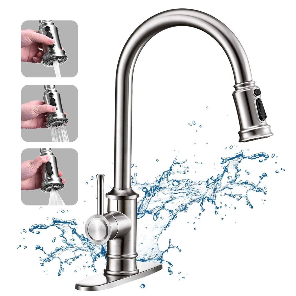 Single Handle Modern Kitchen Sink Faucet with Pull Down Sprayer Stainless Steel Kitchen Faucet with Deck Plate