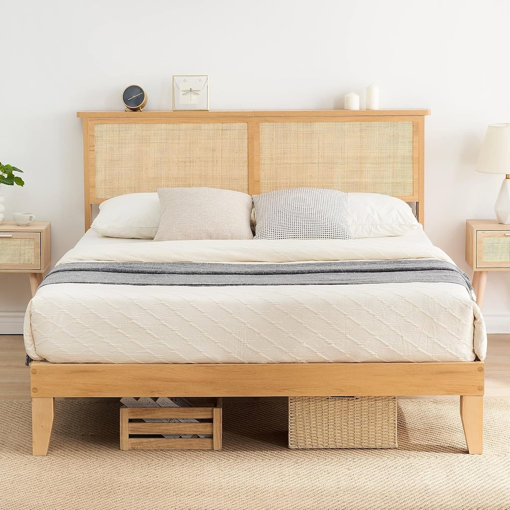 Rattan Platform Bed Frame with Boho Headboard, LED Lights, Solid Wood Foundation, No Box Spring Needed