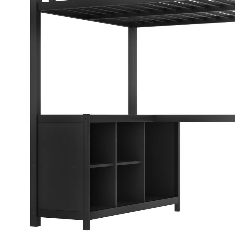 Twin/Twin XL Metal Loft Bed with Wardrobe & L-Shaped Desk - Loft Bed with Storage Cubes & Shelves for Teens, Adults