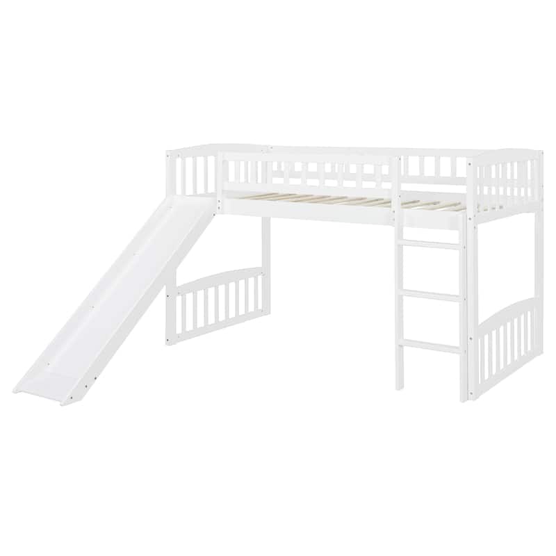 Twin Loft Bed with Slide and Reversible Ladder, Wooden Frame with Guardrails and Open Underbed Play Space