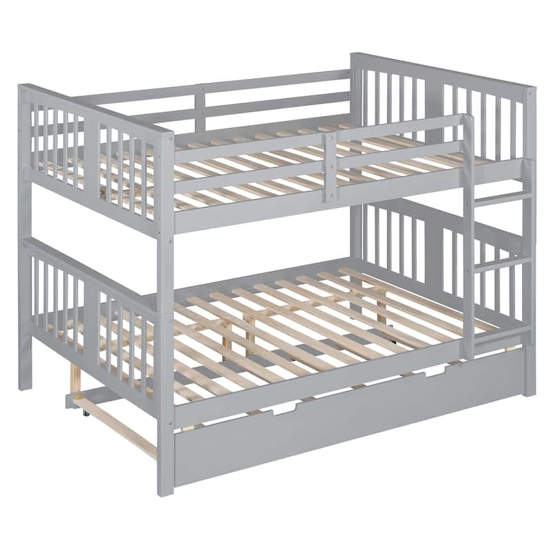 Full over Full Bunk Bed with Twin Size Trundle and Ladder-Gray