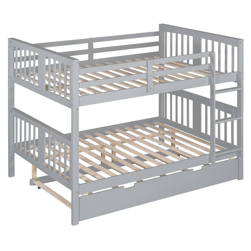 Full over Full Bunk Bed with Twin Trundle, Ladder & Slats - Gray/White/Espresso, Converts to 2 Beds