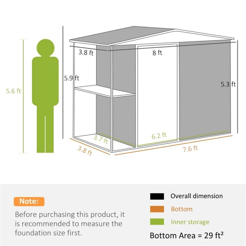 Outdoor Tool Shed 7x4 ft with Two-Tier Storage Rack and Sloped Roof - 96.5" W x 46.1" D x 63.4"/70.9" H
